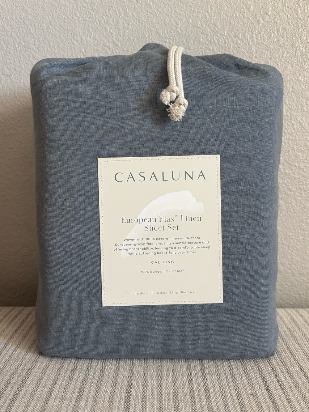 NWT California King 100% Linen Sheet Set Mineral Blue - Casaluna
